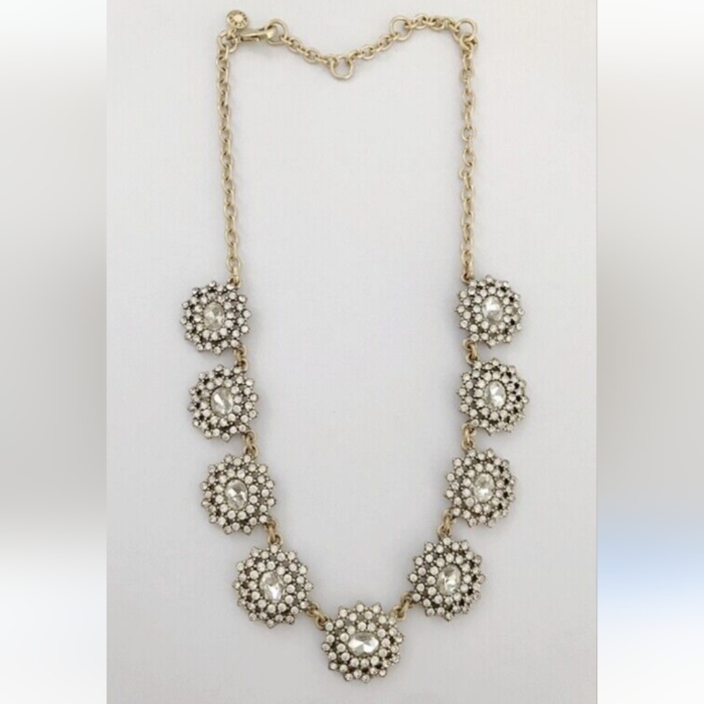 J Crew Necklace Goldtone Clear Crystal Flower Rhinestone Statement Necklace